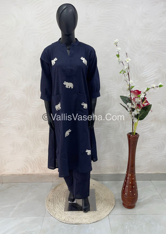 Trendy Pure Cotton - Co-ord Set - A line - Elephant Embroidery- Blue Shade - VVRCS002