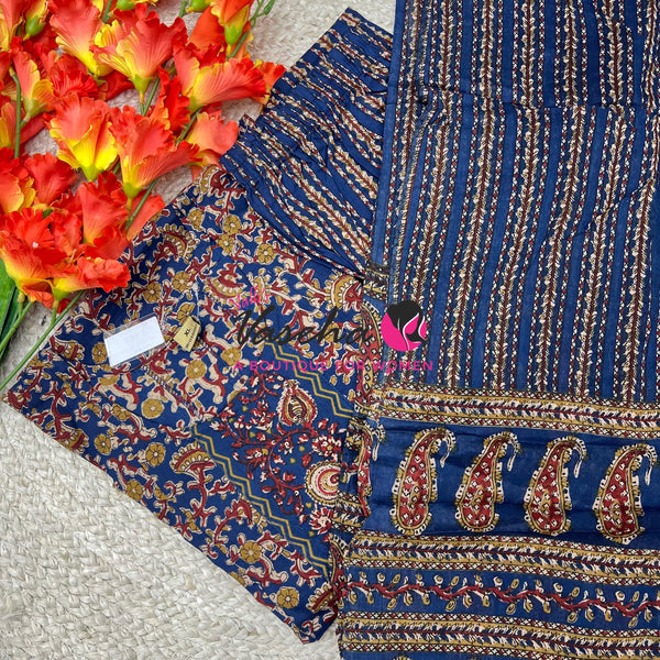 Ready Made | Anarkali - Kalamkari Print |Salwar, Kameez & Duppatta(3pc)|Cotton |Blue -VVAS008