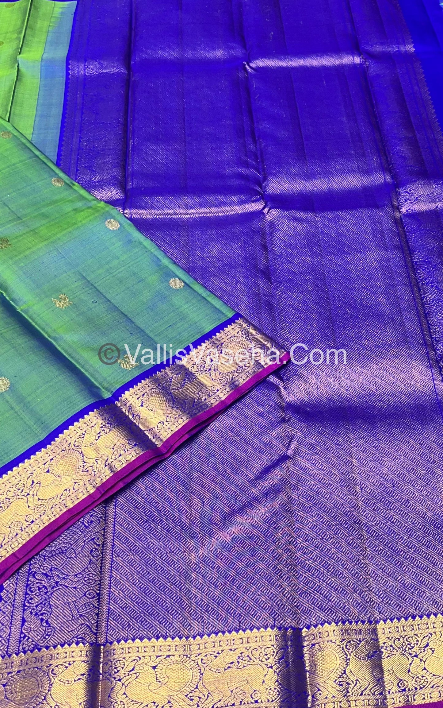 Pure Kanchipuram Silk Saree - DoubleTone Blueish Green & Blue/Pink Combo - VVPS014