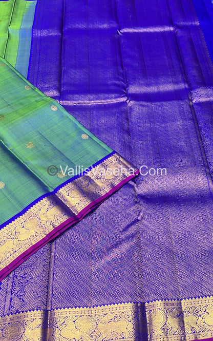 Pure Kanchipuram Silk Saree - DoubleTone Blueish Green & Blue/Pink Combo - VVPS014