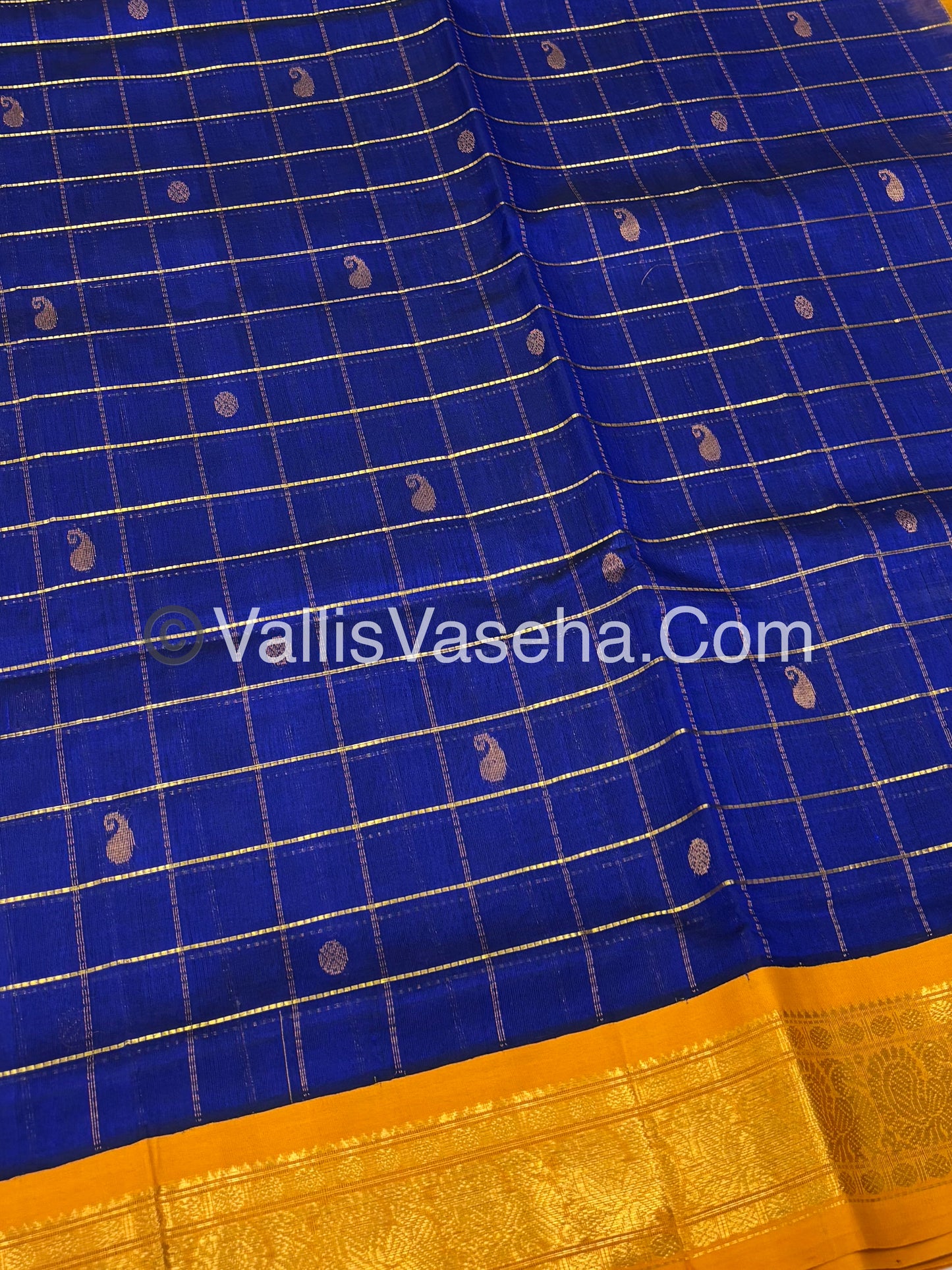 Pure Korvai Silk Cotton - Checks Pattern - Blue with Mustard Shade  - VVKSC015