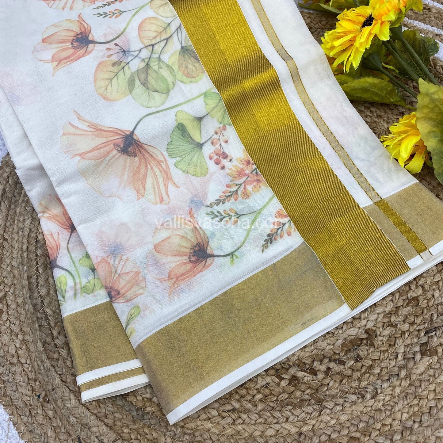 Kerala Cotton Saree - Cream With Golden Border - VVKCS001