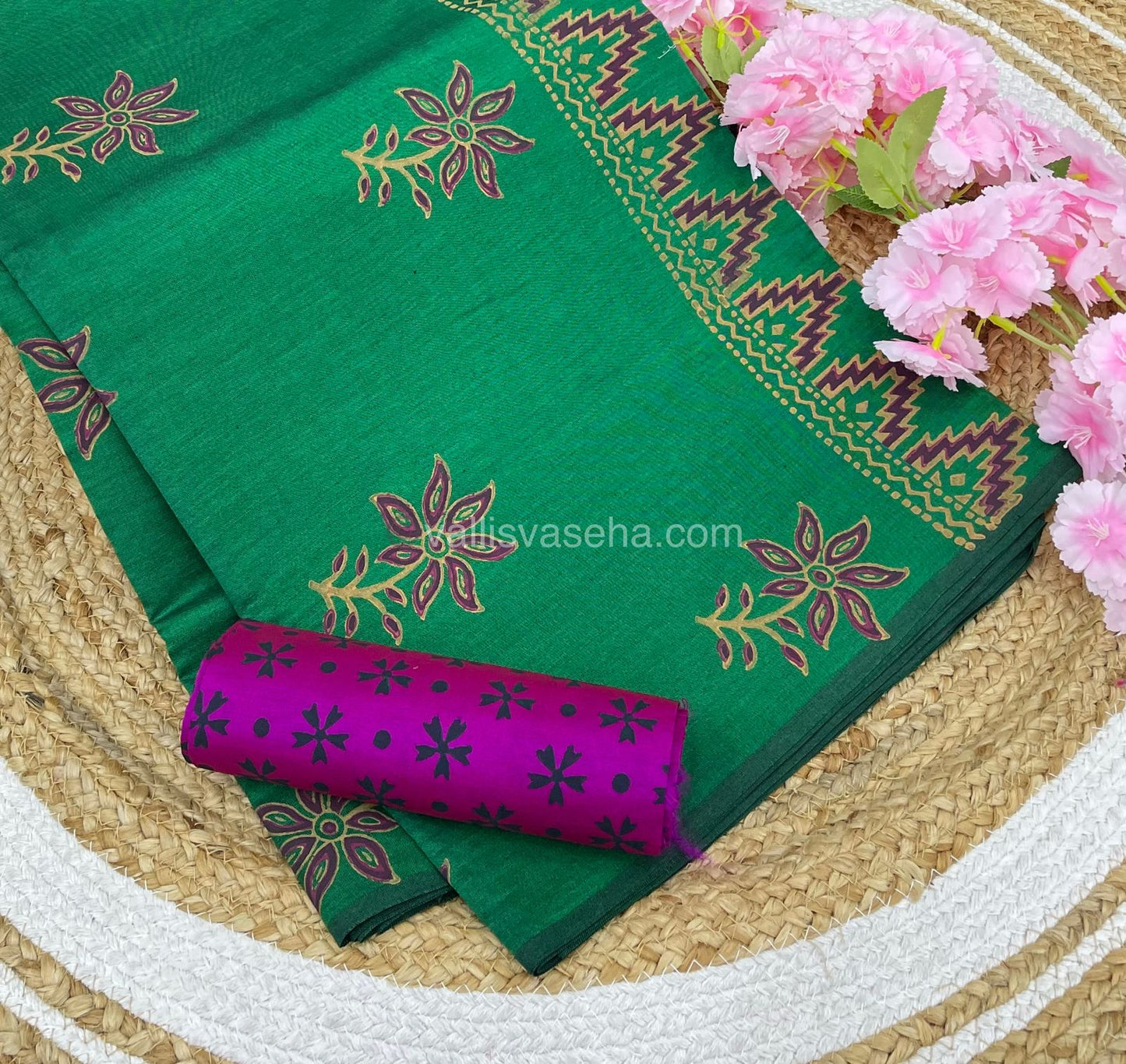 Poly Silk Mixed Printed Cotton - Green With Pink - VVPCP002