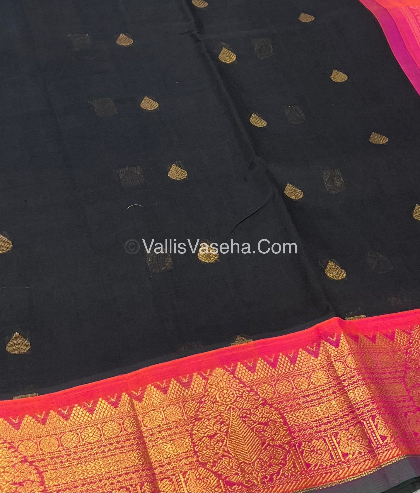 Pure Korvai Silk Cotton Saree - Black with Peach - VVKSC019