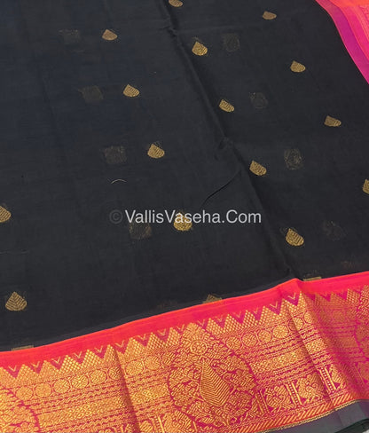 Pure Korvai Silk Cotton Saree - Black with Peach - VVKSC019