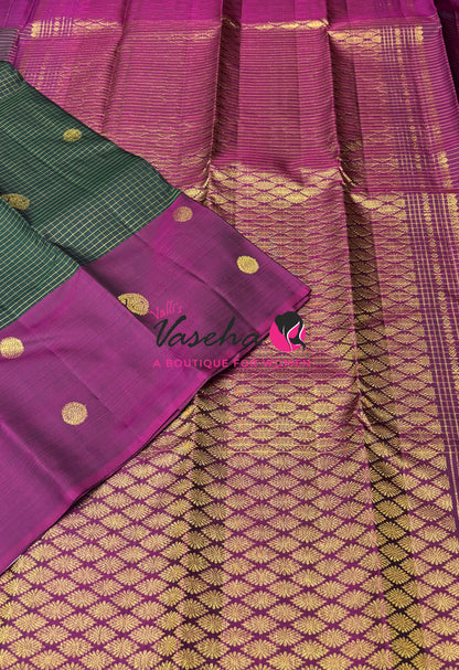 Pure Kanchipuram Silk Saree - Green & Purple Combo - VVPS027