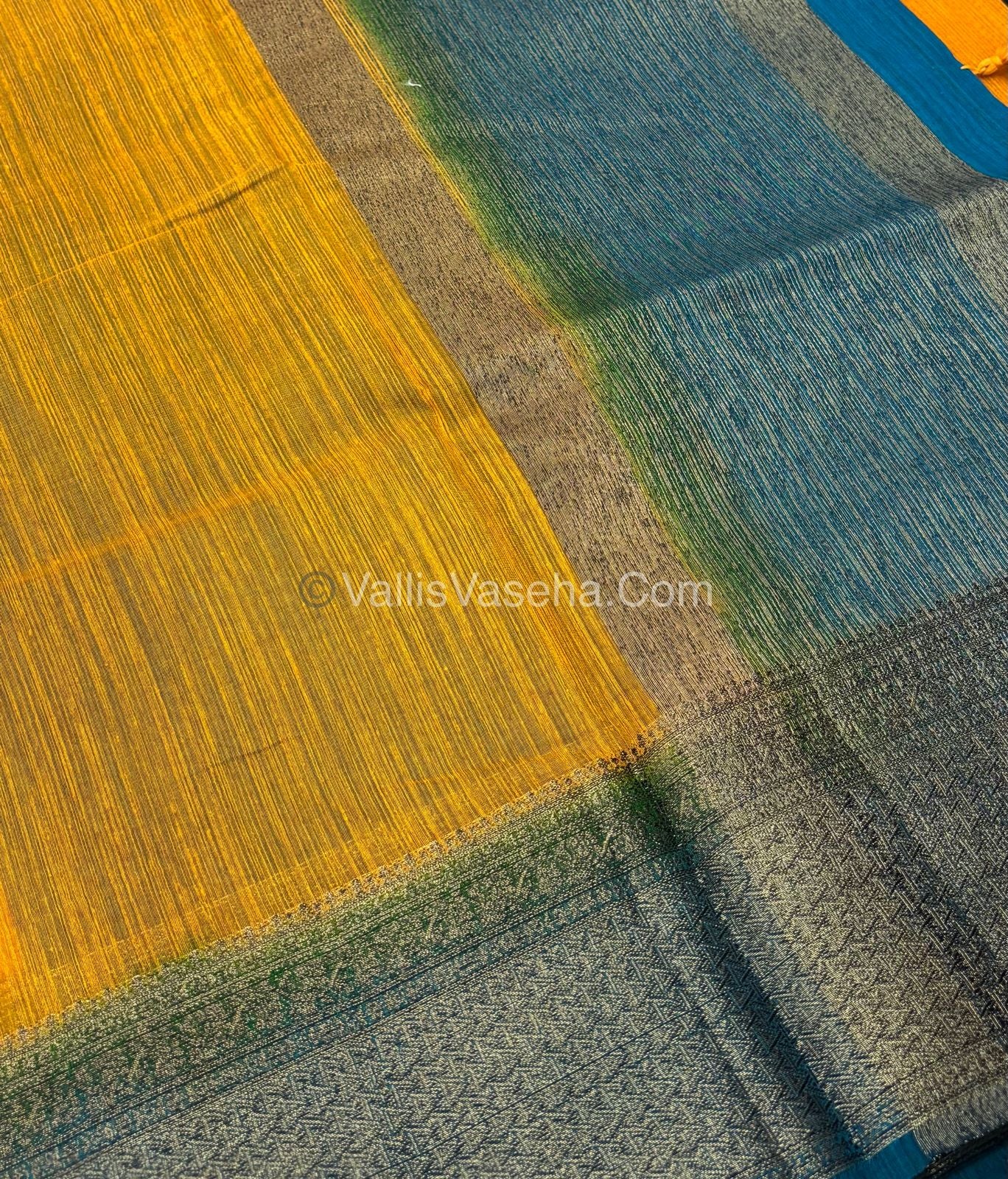 Bamboo Silk Saree - Yellow With Blue Shade - VVBSS005