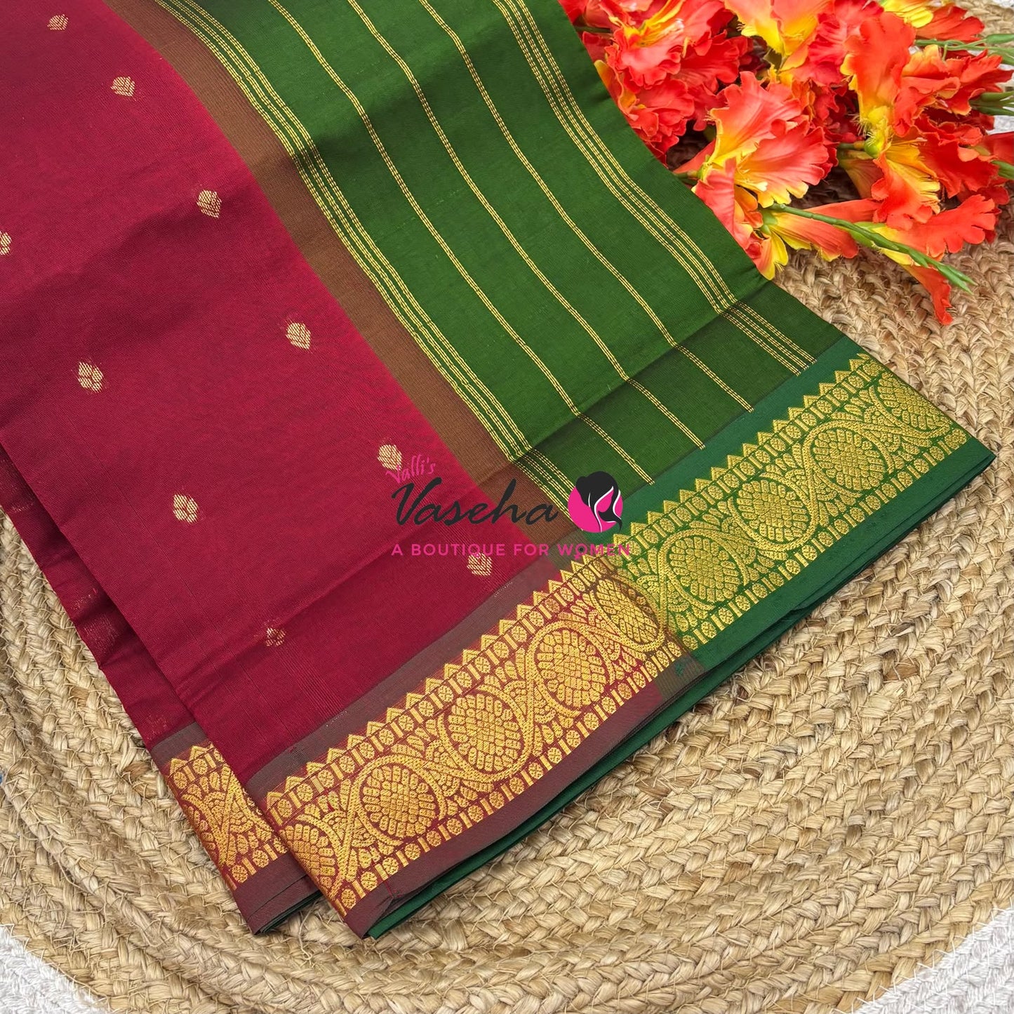 Semi Silk Cotton Saree | Double Leaf Butta Design |VVSSC016