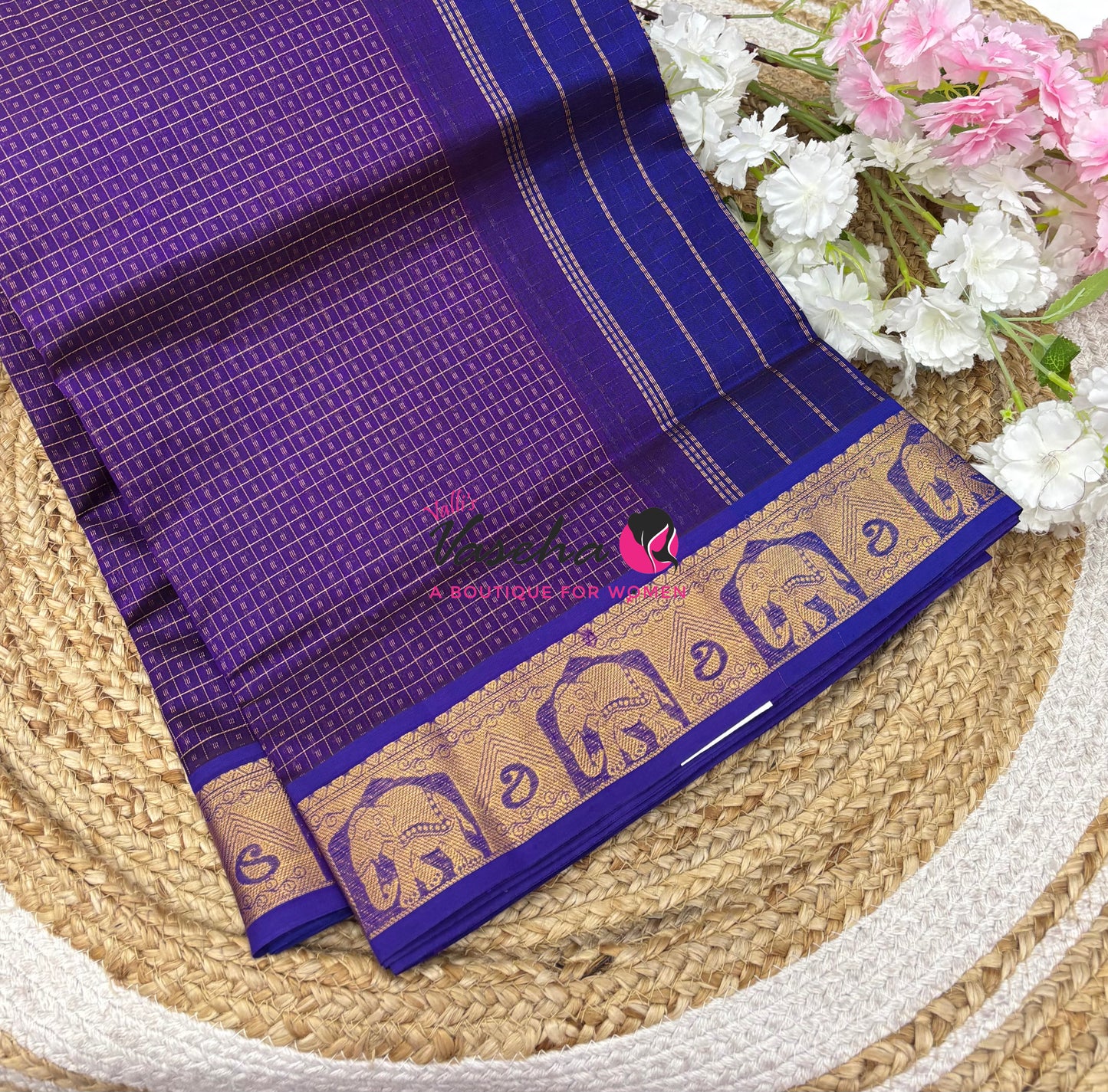 Pure Silk Cotton Saree - Purple With Blue - Lakshadeepam Design - VVPLD004