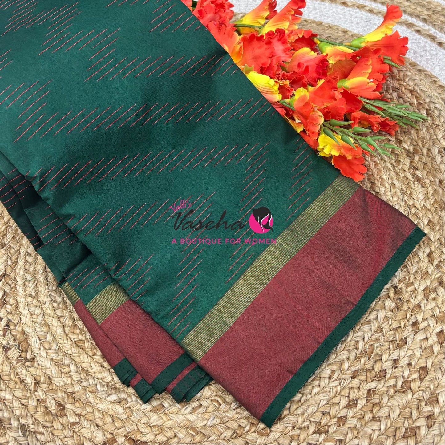 Semi Silk Saree - Thread Work Weaving - Green With Maroon - VVSSS0038