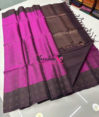 Pure Soft Silk Saree  - Vairavoosi Pattern - Pink With Brown - VVPSS095