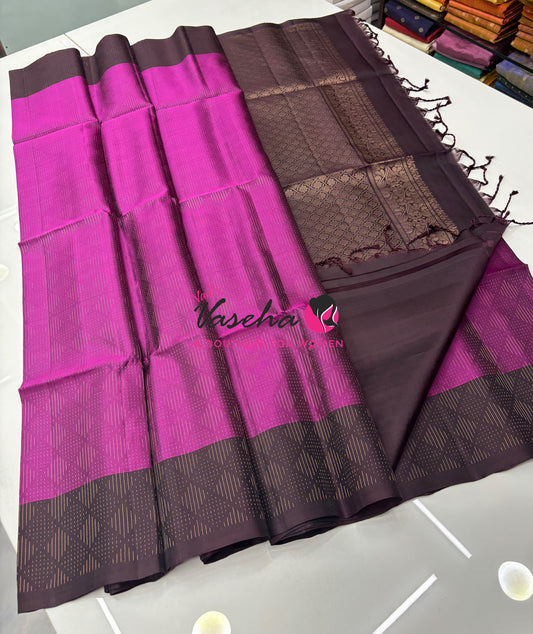 Pure Soft Silk Saree  -  Zig Zag All Over Weaving - Pink With Brown - VVPSS095