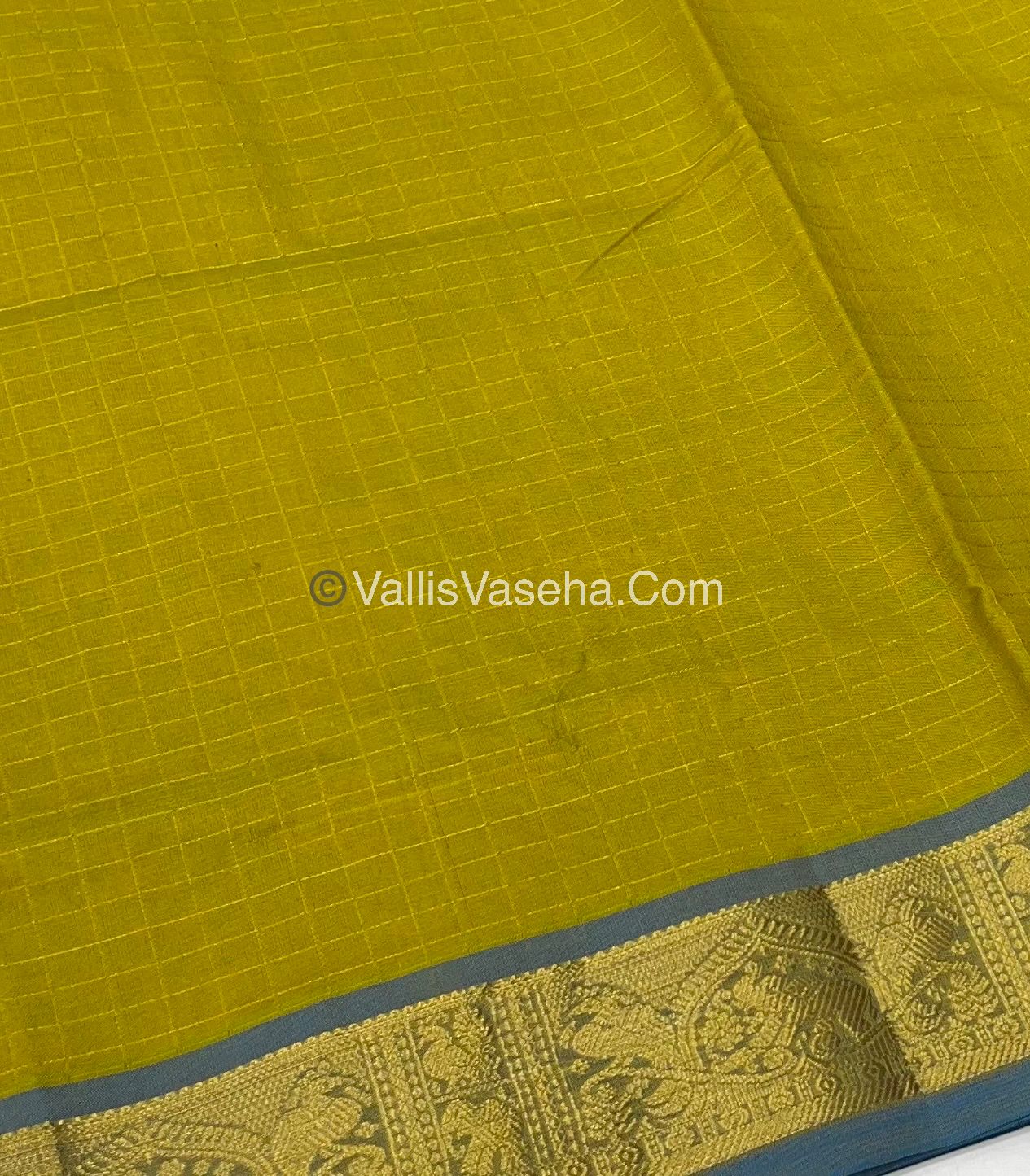 Semi Silk Cotton Saree - Lemon Green With Blue shade - VVSSC003