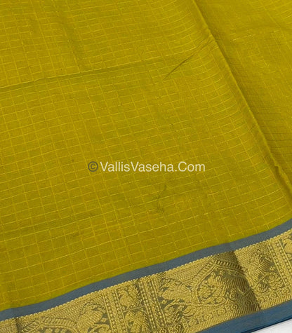 Semi Silk Cotton Saree - Lemon Green With Blue shade - VVSSC003