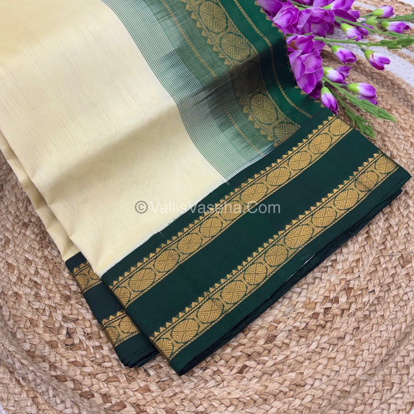 Pure Korvai Silk Cotton With Retta Petta Border - Checks pattern -  Green & Cream  - VVKSC013