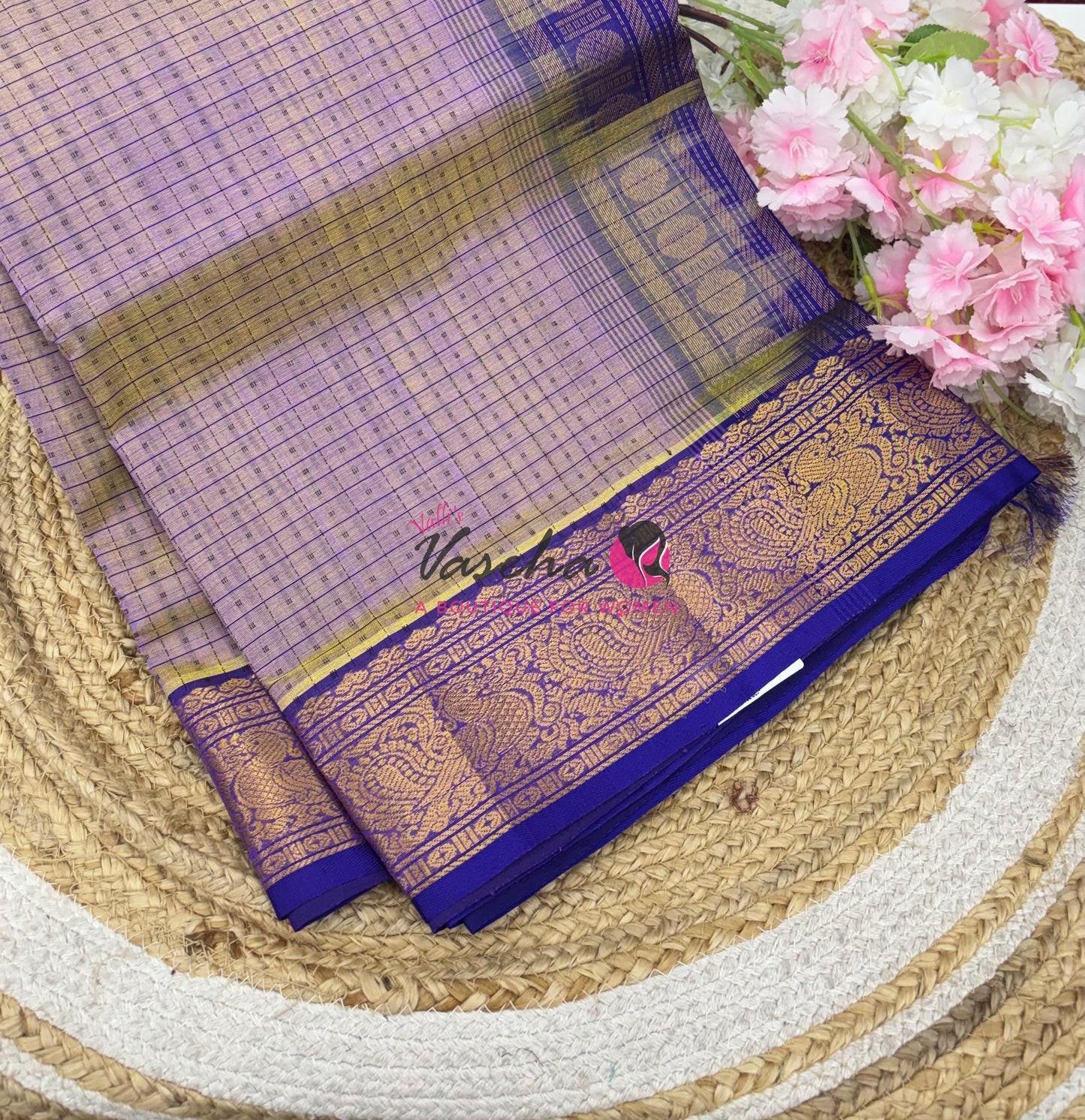 Pure Silk Cotton Saree - Dual Tone Light Lavender With Violetish Blue - Lakshadeepam Design - VVPLD001