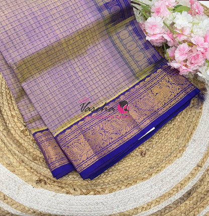 Pure Silk Cotton Saree - Dual Tone Light Lavender With Violetish Blue - Lakshadeepam Design - VVPLD001