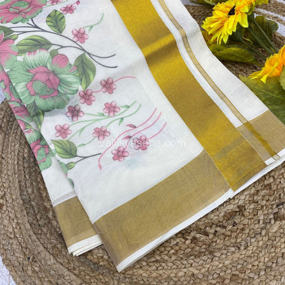 Kerala Cotton Saree - Cream With Golden Border - VVKCS001