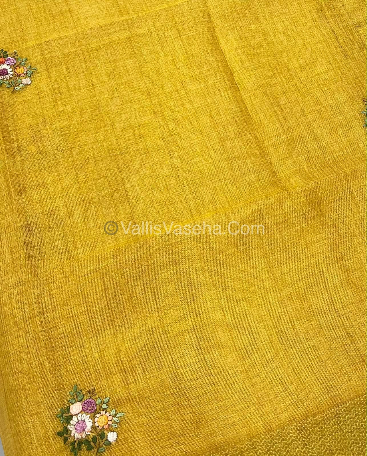 French Knot - Linen Tissue Saree - Mustard Green Shade - Heavy Work Blouse - VVLFN012