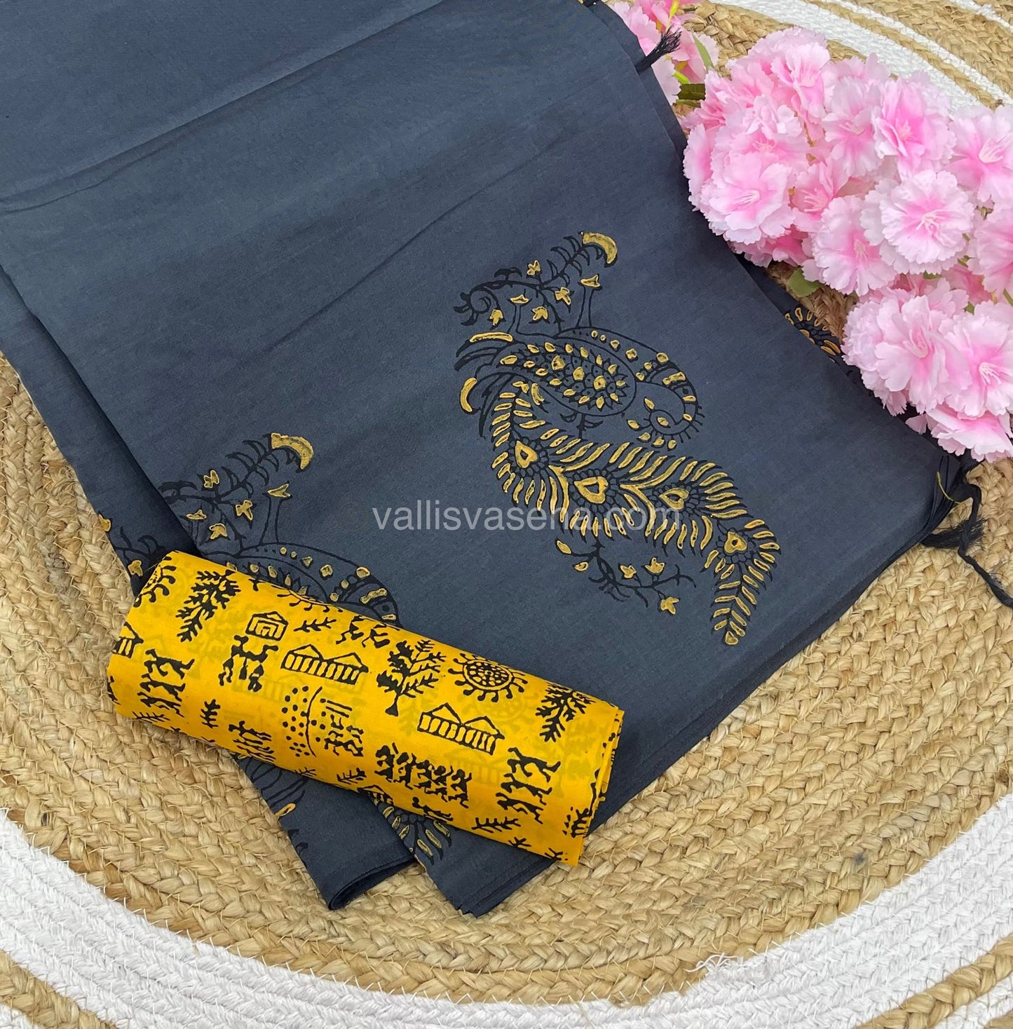 Poly Silk Mixed Printed Cotton - Grey with Yellow - VVPCP002