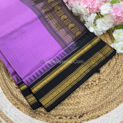Pure Korvai Silk Cotton - Lavender with Black  - Checks Pattern - VVKSC021