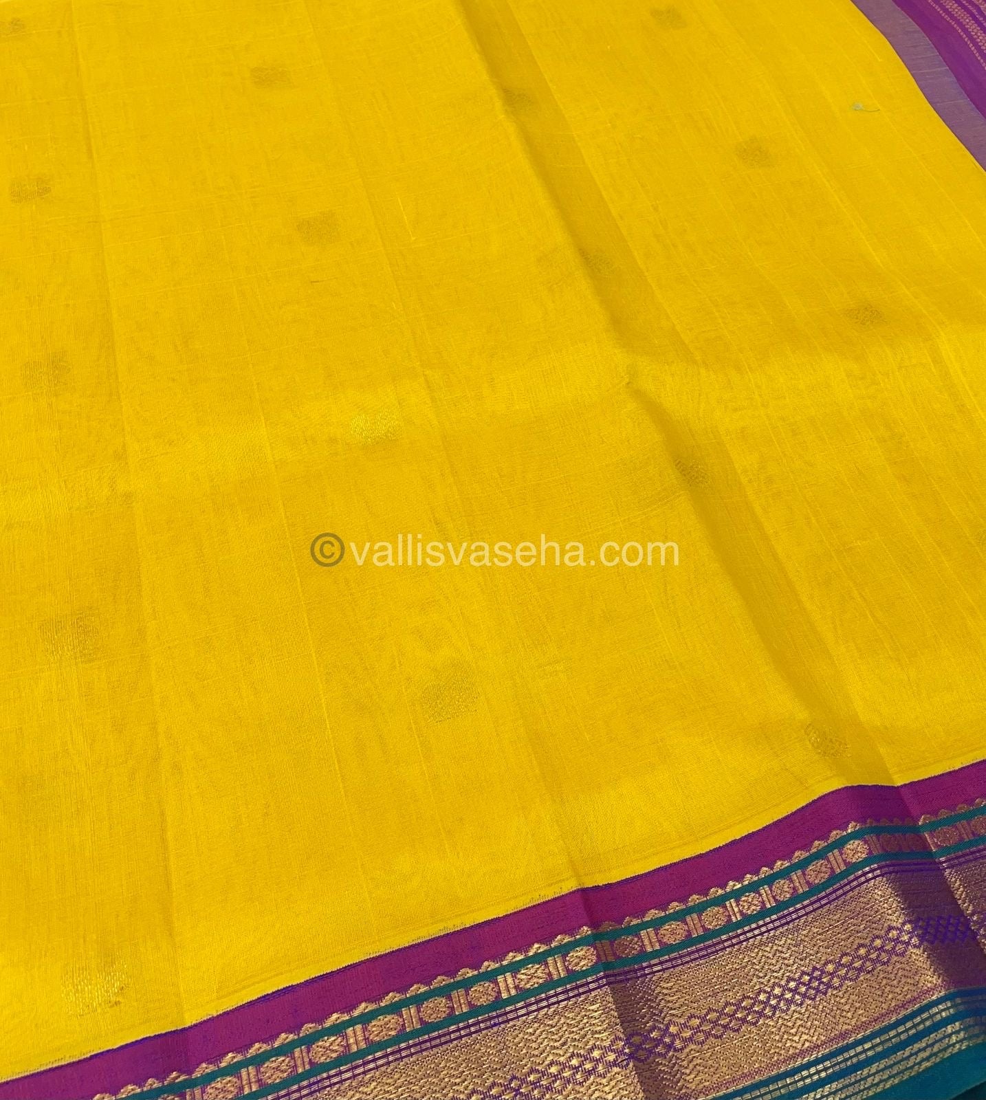 Pure Korvai Silk Cotton Saree - with Mango Yellow With  Purple Combo - VVKSC004