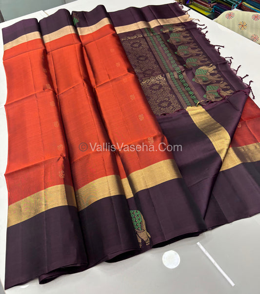 Pure Soft Silk Saree - Rust Orange with Wine Brown - VVPSS028