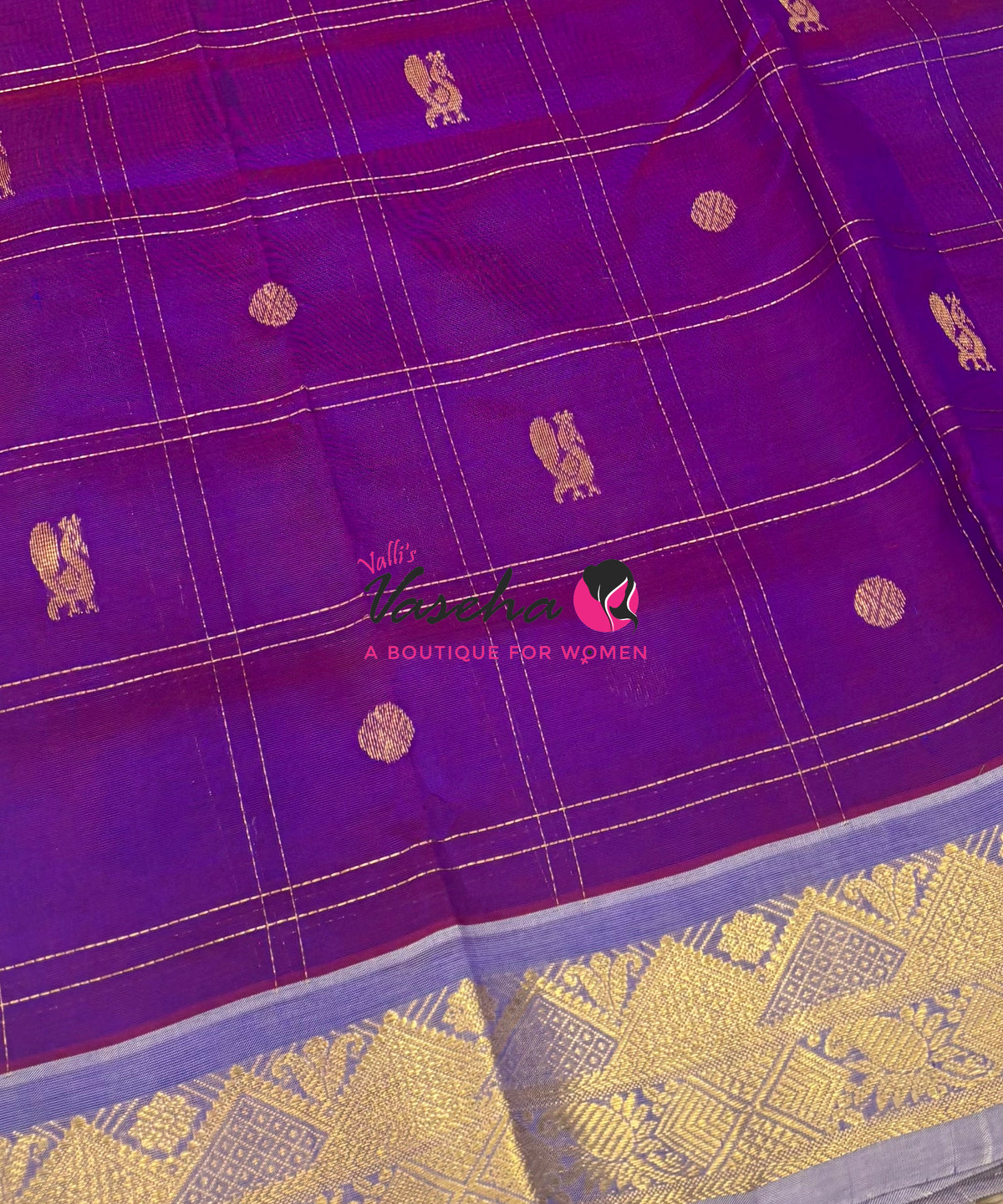 Pure Korvai Silk Cotton - Checks Pattern - Purple with Cream Shade  - VVKSC035