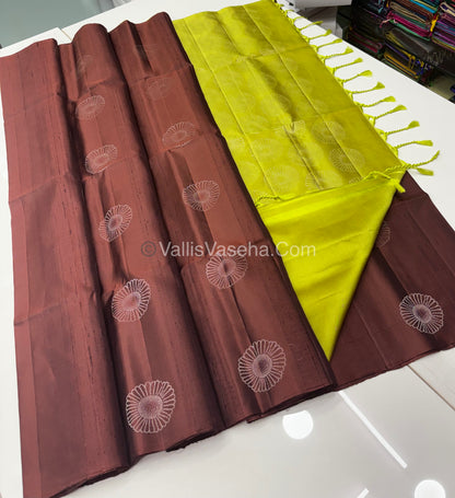 Pure Soft Silk Saree - Dupion Weaving - Brown & Lemon Green Shade - VVPSS065