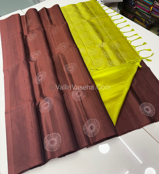 Pure Soft Silk Saree - Dupion Weaving - Brown & Lemon Green Shade - VVPSS065