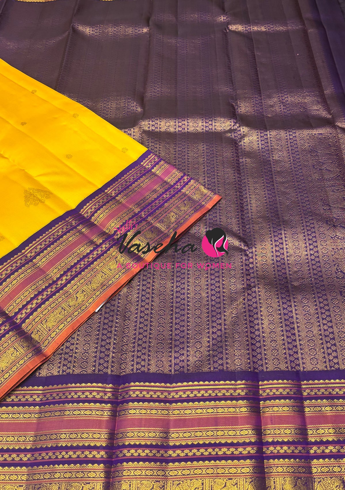 Pure Vintage Korvai Kanchipuram Silk Saree - Yellow With Violetish Purple - VVPS046