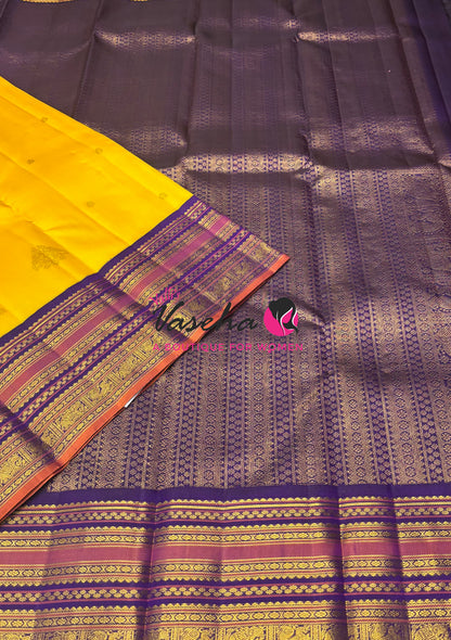 Pure Vintage Korvai Kanchipuram Silk Saree - Yellow With Violetish Purple - VVPS046