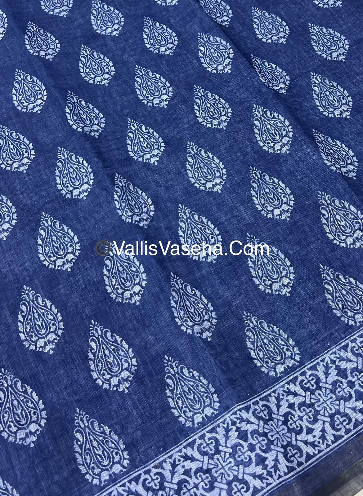 Linen Mixed Cotton Saree - Indigo Blue - Printed - VVLMP001