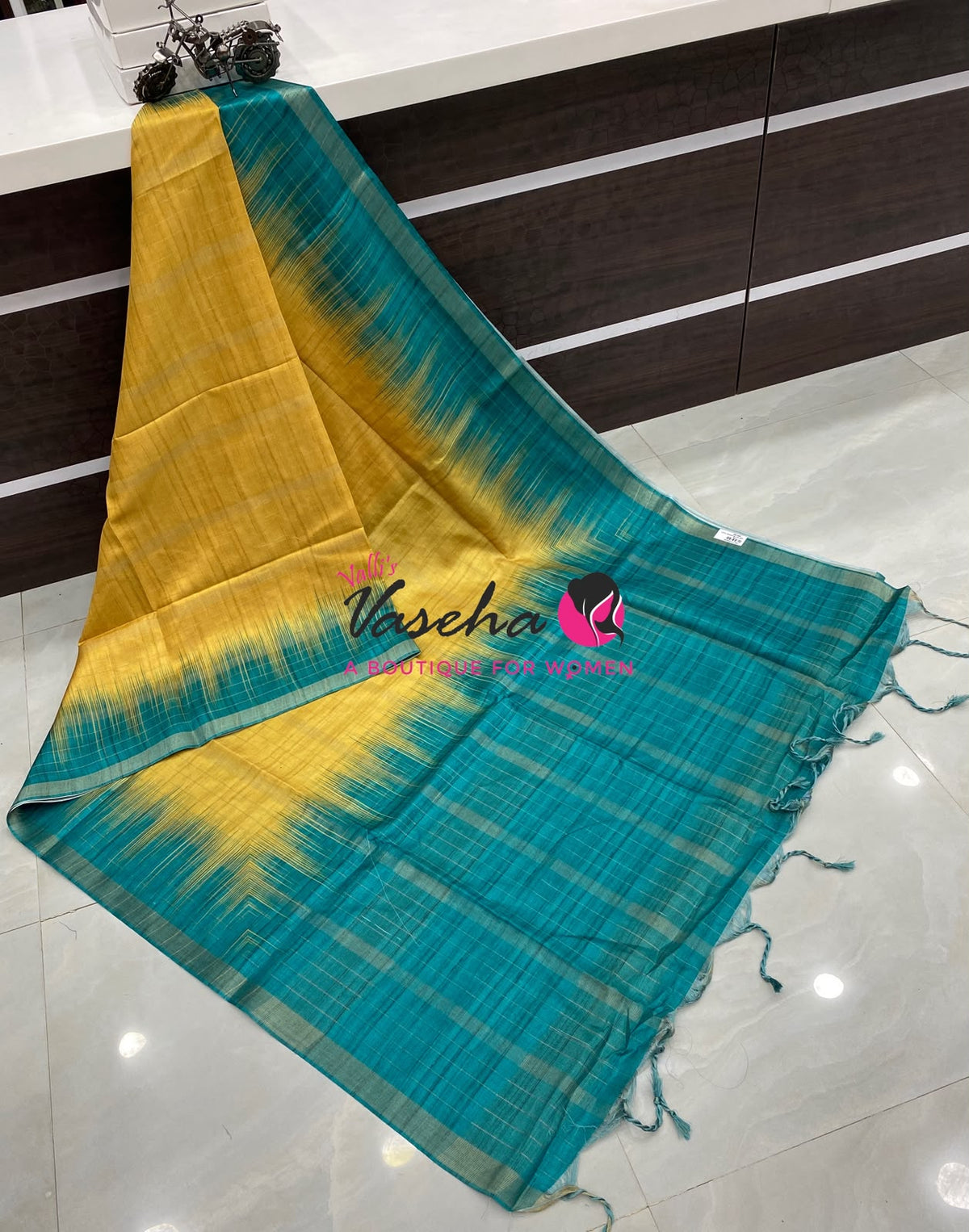 Semi Art Tussar Silk  / Art Silk - Yellow & Blue - VVATS007