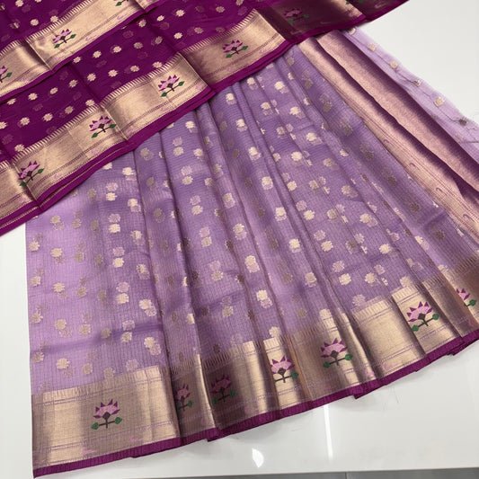 Unstitched - Lehenga Material - Zari Kota Tissue - Lavender & Purple - VVULM001