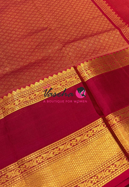 Pure Korvai Silk Cotton - Checks Pattern - Green With Red Shade  - VVKSC034