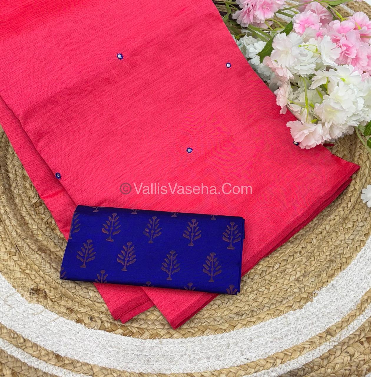 Poly Silk Mixed Cotton - Mirror Work Embroidery - Pink  with Blue - VVPCM001