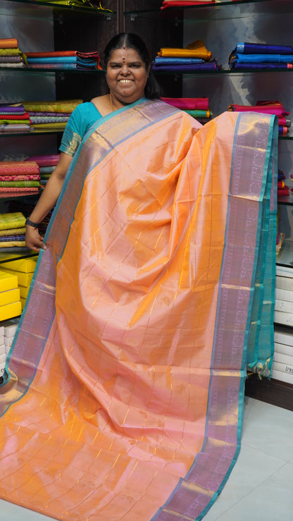 Pure Silk Cotton Saree - Mayil & Chakkaram Design - Light Peach with Turquoise Blue Combo - VVMC002