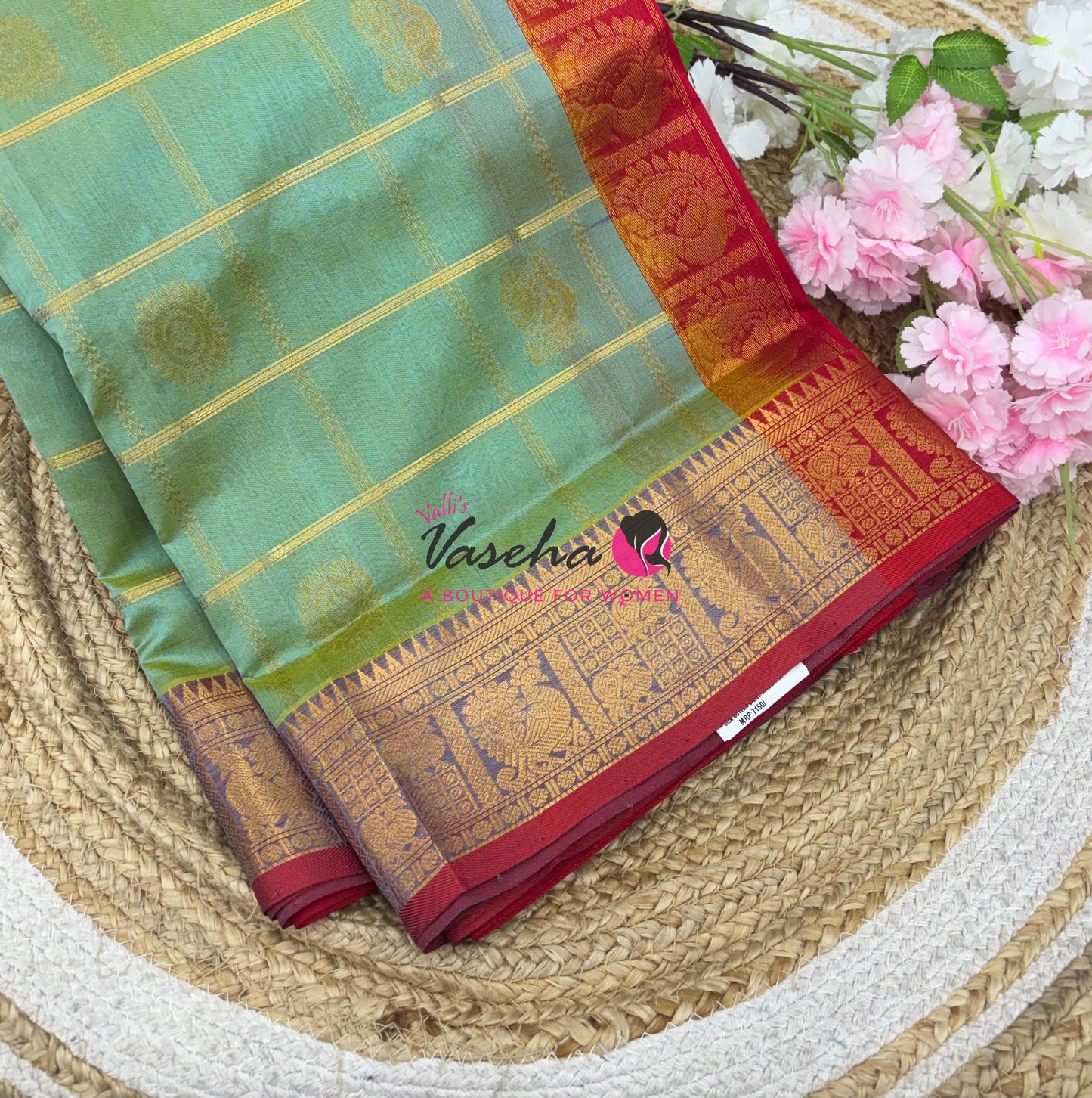 Pure Silk Cotton Saree - Mayil & Chakkaram Design - Dual Tone Green & Red Shade  -VVMC003