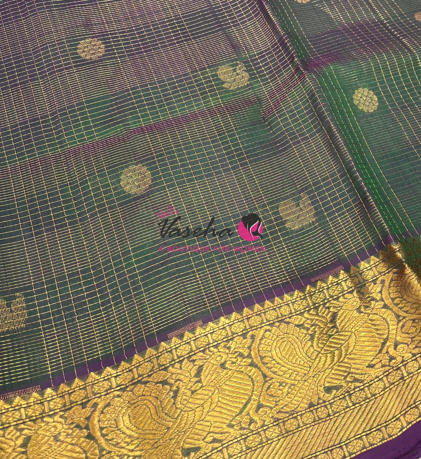 Pure Silk Cotton Saree - Vairavoosi checks - Mayil & Chakkaram - Green With Purple - VVMCV001