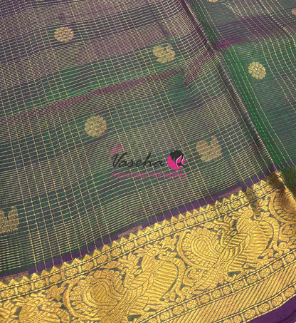 Pure Silk Cotton Saree - Vairavoosi checks - Mayil & Chakkaram - Green With Purple - VVMCV001