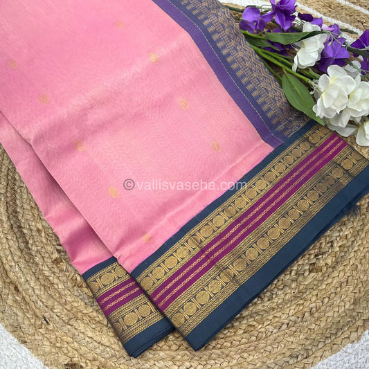 Pure Korvai Silk Cotton Saree - Baby Pink with Greyish Blue Combo - VVKSC004