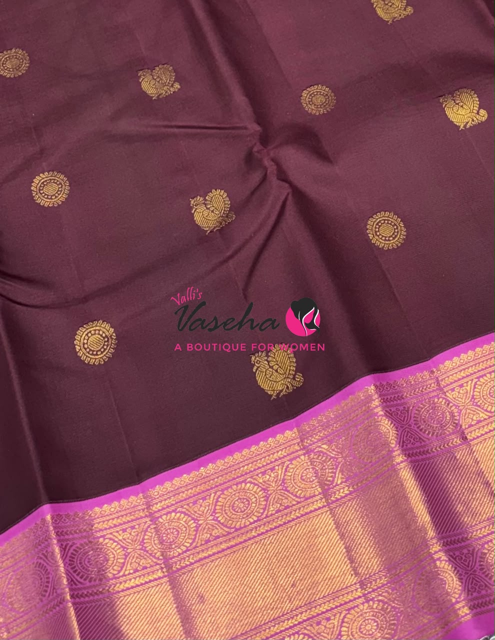 Pure Kanchipuram Silk Saree   - Brown & Pink Combo - VVPS059