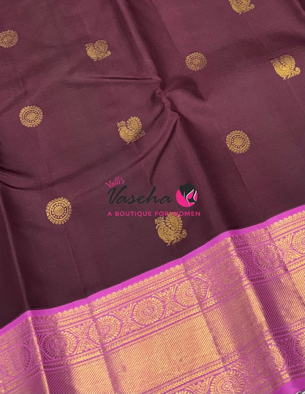 Pure Kanchipuram Silk Saree   - Brown & Pink Combo - VVPS059