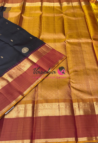Pure Vintage Korvai Kanchipuram Silk Saree - Black & Dual Tone Orange Combo - VVPS047