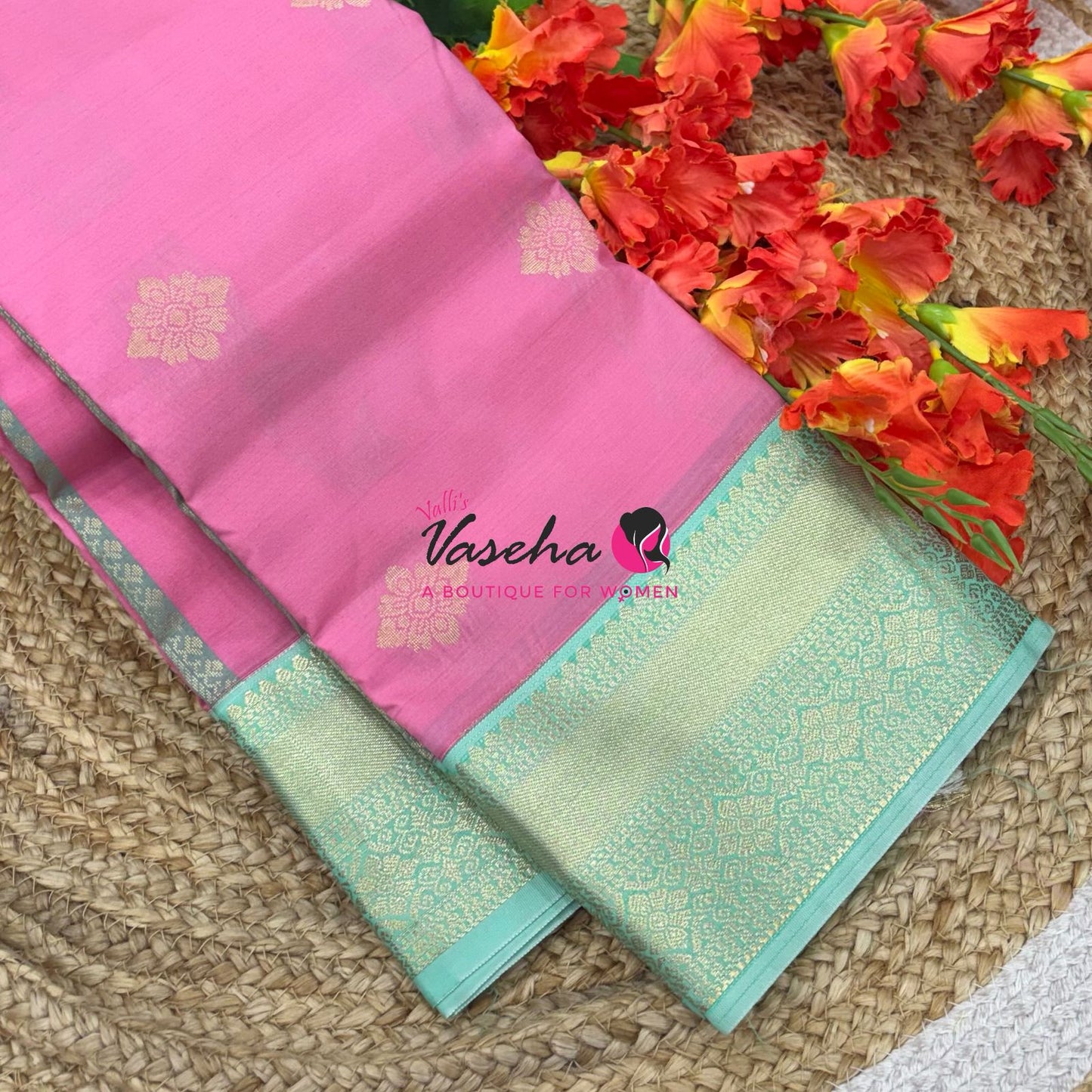 Semi Kanchi Silk  - Pink & Pista Green - VVSKS007