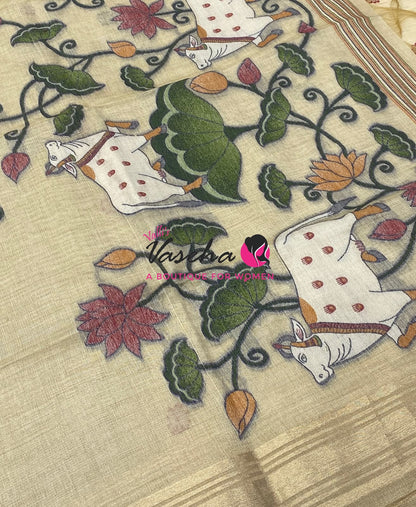 Muga Tissue Linen Saree - Cream  Shade - VVMLT003