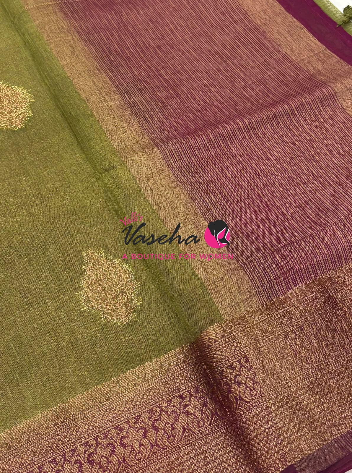 Bamboo Silk Saree -  Green with Pink Brown  - VVBSS018