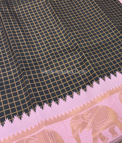 Semi Silk Saree - Kanchi Silk Style - Elephant Border - Black with Pink - VVSSS005