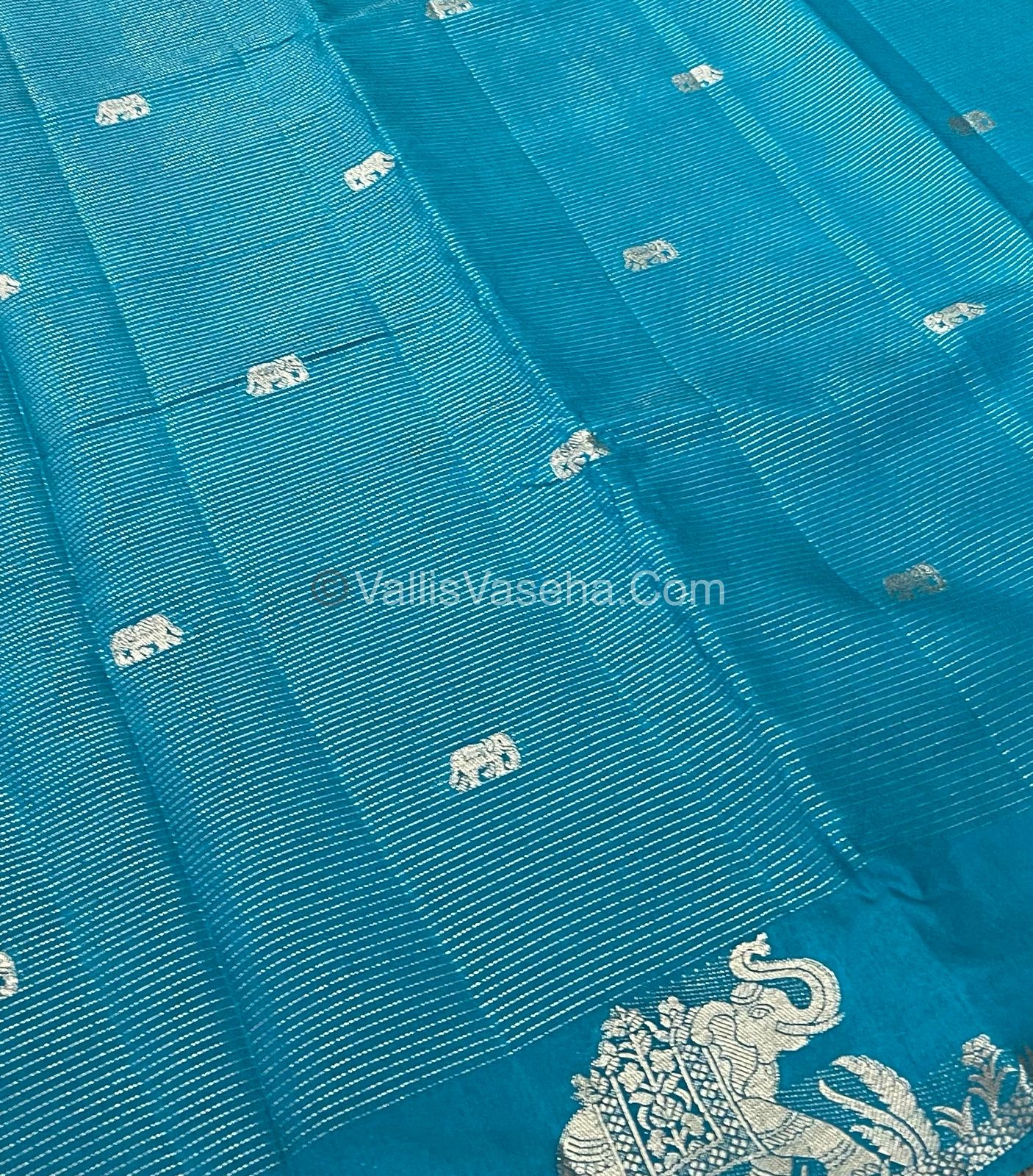 Semi Tussar Silk - Vairavoosi & Elephant Design - Ramar Blue Shade - VVSTS019